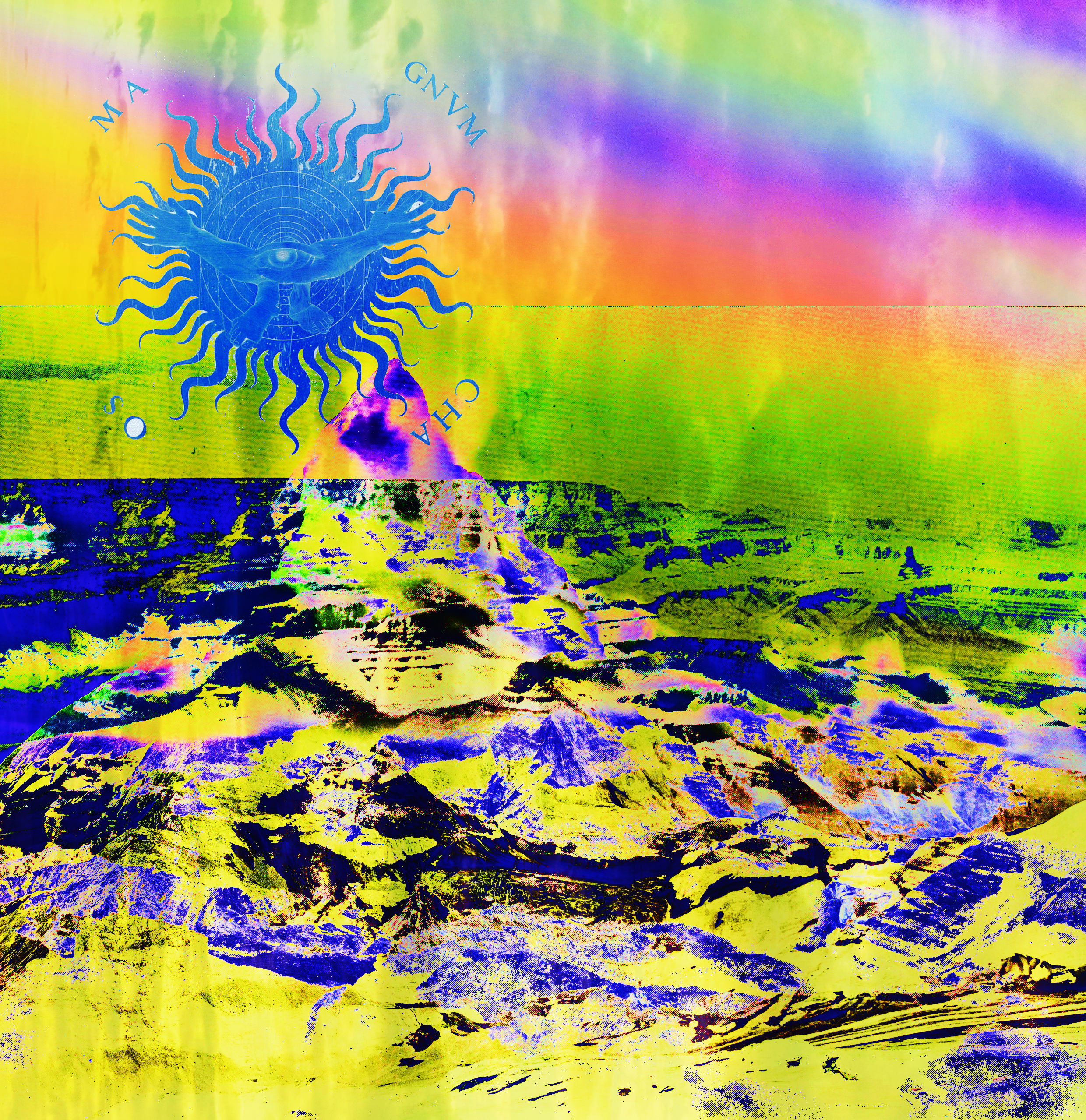 a psychedelic multi-coloured dreamscape with some rock fomrations visible at the bottom, and a sun-like thing with an eye in the centre and hands reaching out, surrounded by the letters 'chao os ma gnvm', done negative colour white and black towards the top